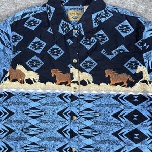 Moda Tech Shirt Men's Large Blue Western Horse Button Up Short Sleeve Aztec‎